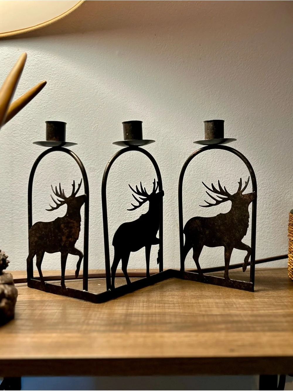 Festive Rustic Metal Cabin Buck Deer Triple Candlestick Holder